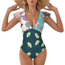 Lade das Bild in den Galerie-Viewer, Multi-Image-Druck Damen / Frauen Rüschenärmeln One-piece Swimsuit Badeanzug mit V-Ausschnitt 294340 mit Foto selbst gestalten und bedrucken