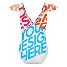 Lade das Bild in den Galerie-Viewer, Multi-Image-Druck Damen / Frauen Rüschenärmeln One-piece Swimsuit Badeanzug mit V-Ausschnitt 294340 mit Foto selbst gestalten und bedrucken