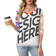 Lade das Bild in den Galerie-Viewer, Multi-Image-Druck Damen / Frauen V-Ausschnitt T-Shirt mit Spitzenbesatz und halblangen Ärmeln SDS2513 mit Foto Design Motiv Text selbst gestalten und bedrucken