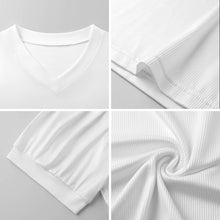 Lade das Bild in den Galerie-Viewer, Damen V-Ausschnitt T-Shirt mit Puff-Ärmeln aus strukturiertem Small-Rib mit individuellem Druck