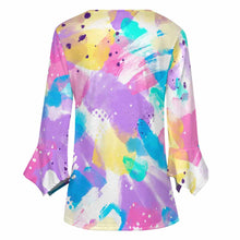 Lade das Bild in den Galerie-Viewer, Damen / Frauen Einzelbild-Design Langarm Shirt mit zehn Knöpfen und Rüschen Blütenblatt Ärmel mit Ihrem Design Motiv Foto Text selbst gestalten und bedrucken