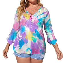 Lade das Bild in den Galerie-Viewer, Damen / Frauen Einzelbild-Design Langarm Shirt mit zehn Knöpfen und Rüschen Blütenblatt Ärmel mit Ihrem Design Motiv Foto Text selbst gestalten und bedrucken