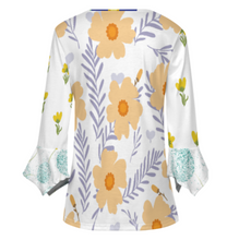 Lade das Bild in den Galerie-Viewer, Damen / Frauen Multi-Image-Design Langarm Shirt mit zehn Knöpfen und Rüschen Blütenblatt Ärmel mit Ihrem Design Motiv Foto Text selbst gestalten und bedrucken