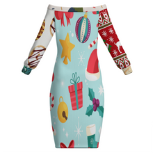 Lade das Bild in den Galerie-Viewer, Multi-Image-Design Damen / Frauen MXLD schulterfreies Langarm Kleid mit Fotos Muster Text Logo selbst gestalten und bedrucken