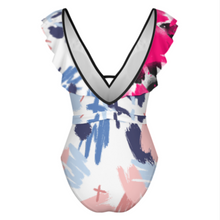 Lade das Bild in den Galerie-Viewer, Multi-Image-Design 2024 NEW Bademode Frauen Sexy Einteiliger Badeanzug Strandbadeanzug V Ausschnitt SDS2003 mit Rüschen Volants mit Foto Design Motiv Text selbst gestalten und bedrucken