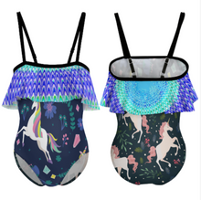 Lade das Bild in den Galerie-Viewer, Multi-Image-Design Kinder Mädchen Schulterfreier Badeanzug mit Rüschen Bademode NT045 mit Foto Design Motiv Text selbst gestalten und bedrucken