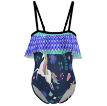 Lade das Bild in den Galerie-Viewer, Multi-Image-Design Kinder Mädchen Schulterfreier Badeanzug mit Rüschen Bademode NT045 mit Foto Design Motiv Text selbst gestalten und bedrucken