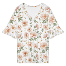 Lade das Bild in den Galerie-Viewer, Einzelbild-Design Damen / Frauen T-Shirt mit V-Ausschnitt und Lotusärmeln NT101 mit Namen Fotos Text selbst gestalten und bedrucken