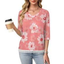 Lade das Bild in den Galerie-Viewer, Einzelbilddruck Damen / Frauen V-Ausschnitt T-Shirt mit Spitzenbesatz und halblangen Ärmeln SDS2513 mit Foto Design Motiv Text selbst gestalten und bedrucken