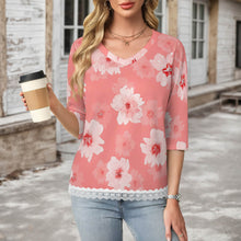 Lade das Bild in den Galerie-Viewer, Einzelbilddruck Damen / Frauen V-Ausschnitt T-Shirt mit Spitzenbesatz und halblangen Ärmeln SDS2513 mit Foto Design Motiv Text selbst gestalten und bedrucken