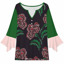 Lade das Bild in den Galerie-Viewer, Einzelbild-Design Damen / Frauen Long T-Shirt mit drei Knöpfen und Blütenärmeln VJK mit Foto Design Motiv Text selbst gestalten und bedrucken (Simple Design)