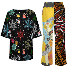 Lade das Bild in den Galerie-Viewer, Multi-Image-Druck Damen / Frauen Set aus Hemd mit Rundhalsausschnitt und Fledermausärmeln + Hose mit weitem Bein und elastischem Bund YKL04 mit Fotos Muster Text Logo selbst gestalten und bedrucken