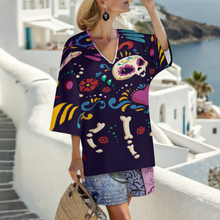 Lade das Bild in den Galerie-Viewer, Multi-Image-Druck Damen / Frauen Set aus Hemd mit V-Ausschnitt und Fledermausärmeln und Shorts mit elastischer Taille YKL07 mit Fotos Muster Text Logo selbst gestalten und bedrucken