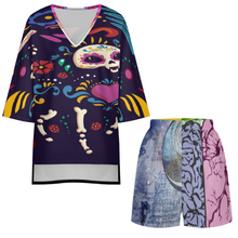 Lade das Bild in den Galerie-Viewer, Multi-Image-Druck Damen / Frauen Set aus Hemd mit V-Ausschnitt und Fledermausärmeln und Shorts mit elastischer Taille YKL07 mit Fotos Muster Text Logo selbst gestalten und bedrucken