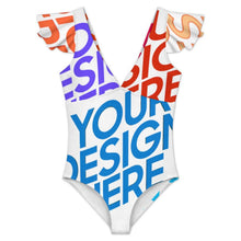 Lade das Bild in den Galerie-Viewer, Multi-Image-Druck Damen / Frauen Rüschenärmeln One-piece Swimsuit Badeanzug mit V-Ausschnitt 294340 mit Foto selbst gestalten und bedrucken