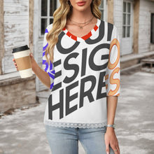 Lade das Bild in den Galerie-Viewer, Multi-Image-Druck Damen / Frauen V-Ausschnitt T-Shirt mit Spitzenbesatz und halblangen Ärmeln SDS2513 mit Foto Design Motiv Text selbst gestalten und bedrucken