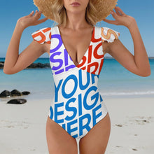 Lade das Bild in den Galerie-Viewer, Multi-Image-Druck Damen / Frauen Rüschenärmeln One-piece Swimsuit Badeanzug mit V-Ausschnitt 294340 mit Foto selbst gestalten und bedrucken