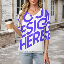 Lade das Bild in den Galerie-Viewer, Einzelbilddruck Damen / Frauen V-Ausschnitt T-Shirt mit Spitzenbesatz und halblangen Ärmeln SDS2513 mit Foto Design Motiv Text selbst gestalten und bedrucken