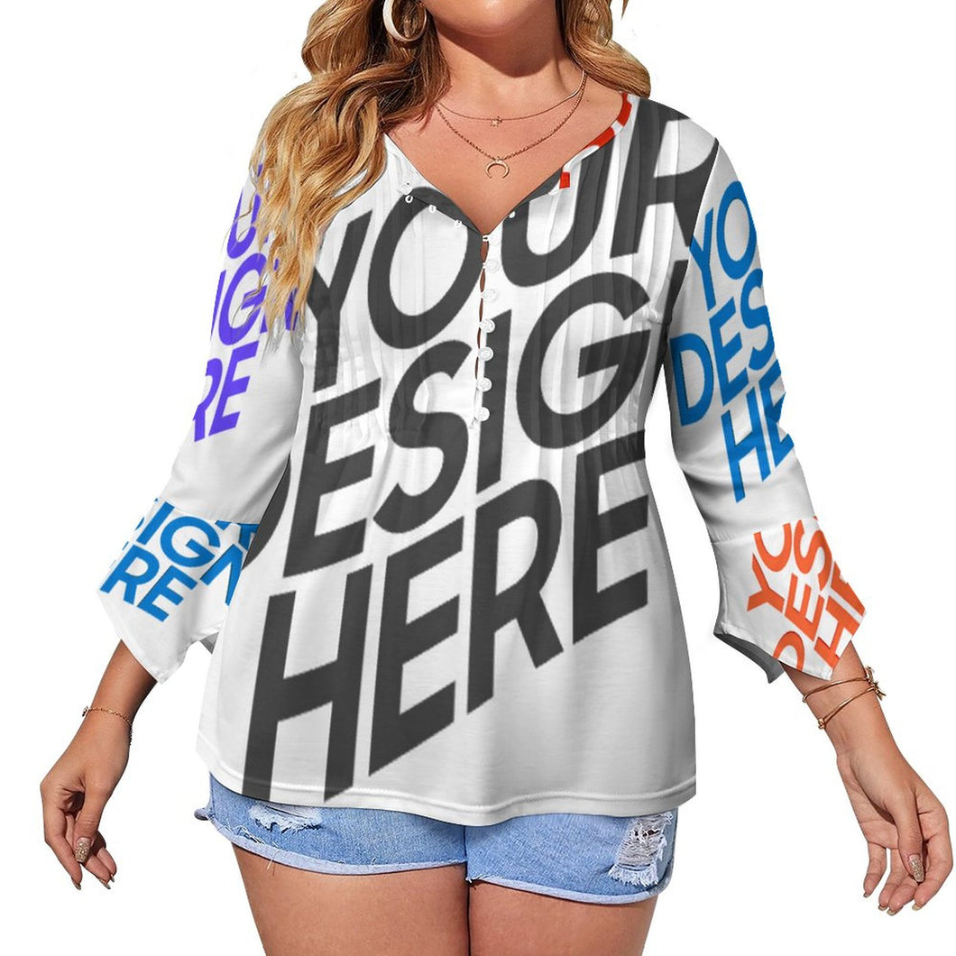 Damen / Frauen Multi-Image-Design Langarm Shirt mit zehn Knöpfen und Rüschen Blütenblatt Ärmel mit Ihrem Design Motiv Foto Text selbst gestalten und bedrucken