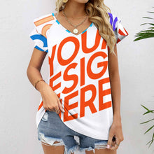 Lade das Bild in den Galerie-Viewer, Multi-Image-Druck Kurzarm Shirt T-Shirt V-Ausschnitt mit Rüschen BUT mit Fotos Muster Text Logo selbst gestalten und bedrucken