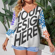 Lade das Bild in den Galerie-Viewer, Damen / Frauen Multi-Image-Design Langarm Shirt mit zehn Knöpfen und Rüschen Blütenblatt Ärmel mit Ihrem Design Motiv Foto Text selbst gestalten und bedrucken