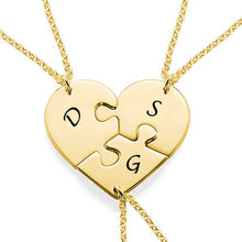 Lade das Bild in den Galerie-Viewer, Herz Puzzle Kette für drei mit Gravur X0026 in 925 Sterling Silber mit 18K Gold / Roségold Vergoldung Länge verstellbar selbst gestalten