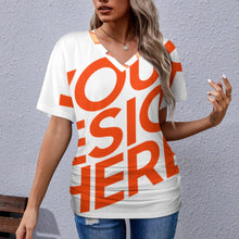 Lade das Bild in den Galerie-Viewer, Multi-Image-Druck Tshirt Frauen Kurzarmshirt mit V-Ausschnitt mit Falten Dekoration BHT mit Namen Fotos Text selbst gestalten und bedrucken