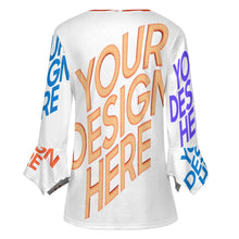 Lade das Bild in den Galerie-Viewer, Damen / Frauen Multi-Image-Design Langarm Shirt mit zehn Knöpfen und Rüschen Blütenblatt Ärmel mit Ihrem Design Motiv Foto Text selbst gestalten und bedrucken