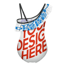 Lade das Bild in den Galerie-Viewer, Multi-Image-Design Kinder Mädchen Badeanzug mit einem gerüschtem Träger und einem Spagettiträger Bademode NT010 mit Foto Design Motiv Text selbst gestalten und bedrucken