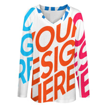 Lade das Bild in den Galerie-Viewer, Multi-Image-Druck Allover Print Damen lockeres Langarmshirt Shirtbluse TLREV2 mit V-Ausschnitt mit Fotos Muster Text Logo selbst gestalten und bedrucken