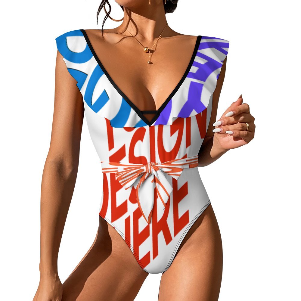 Multi-Image-Design 2024 NEW Bademode Frauen Sexy Einteiliger Badeanzug Strandbadeanzug V Ausschnitt SDS2003 mit Rüschen Volants mit Foto Design Motiv Text selbst gestalten und bedrucken