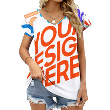 Lade das Bild in den Galerie-Viewer, Multi-Image-Druck Kurzarm Shirt T-Shirt V-Ausschnitt mit Rüschen BUT mit Fotos Muster Text Logo selbst gestalten und bedrucken