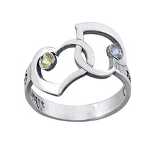 Lade das Bild in den Galerie-Viewer, Damen / Herren Kupfer Ring Ineinandergreifender Herzring mit Gravur mit gelbem blauem Zirkonia J0004 selbst gestalten