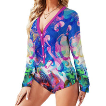 Lade das Bild in den Galerie-Viewer, Multi-Image-Druck Damen / Frauen Langarmbody Jumpsuit ALRP mit tiefem V-Ausschnitt mit Fotos Muster Text Logo selbst gestalten und bedrucken
