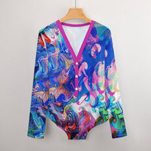 Lade das Bild in den Galerie-Viewer, Multi-Image-Druck Damen / Frauen Langarmbody Jumpsuit ALRP mit tiefem V-Ausschnitt mit Fotos Muster Text Logo selbst gestalten und bedrucken