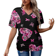 Lade das Bild in den Galerie-Viewer, Multi-Image-Druck Tshirt Frauen Kurzarmshirt mit V-Ausschnitt mit Falten Dekoration BHT mit Namen Fotos Text selbst gestalten und bedrucken