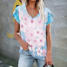 Lade das Bild in den Galerie-Viewer, Multi Images Druck V-Shirt Tshirt mit Blütenblatt Ärmel AHT mit Foto Muster Text Logo selbst gestalten und bedrucken