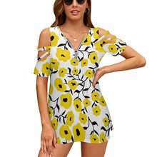 Lade das Bild in den Galerie-Viewer, T-Shirt Schulterfrei Tops Kurzarm Oberteil mit Reißverschluss für Damen Frauen mit Foto Text selbst gestalten und bedrucken