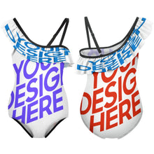 Lade das Bild in den Galerie-Viewer, Multi-Image-Design Kinder Mädchen Badeanzug mit einem gerüschtem Träger und einem Spagettiträger Bademode NT010 mit Foto Design Motiv Text selbst gestalten und bedrucken