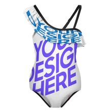 Lade das Bild in den Galerie-Viewer, Multi-Image-Design Kinder Mädchen Badeanzug mit einem gerüschtem Träger und einem Spagettiträger Bademode NT010 mit Foto Design Motiv Text selbst gestalten und bedrucken