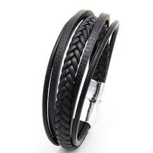 Lade das Bild in den Galerie-Viewer, Mehrschichtiges geflochtenes Lederarmband aus Edelstahl für Herren