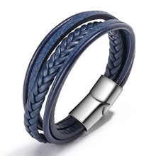Lade das Bild in den Galerie-Viewer, Mehrschichtiges geflochtenes Lederarmband aus Edelstahl für Herren