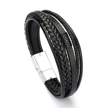 Lade das Bild in den Galerie-Viewer, Mehrschichtiges geflochtenes Lederarmband aus Edelstahl für Herren