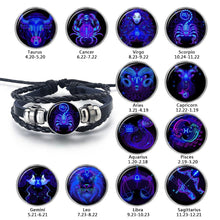 Lade das Bild in den Galerie-Viewer, Glaskuppelschmuck Sternzeichen Punk Schwarz geflochtenes Herren Lederarmband