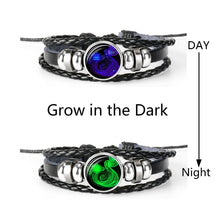 Lade das Bild in den Galerie-Viewer, Glaskuppelschmuck Sternzeichen Punk Schwarz geflochtenes Herren Lederarmband