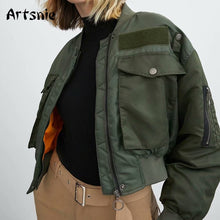 Lade das Bild in den Galerie-Viewer, Artsnie Herbst / Winter Army Green Warm Bomber Damenjacke