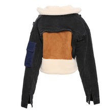 Lade das Bild in den Galerie-Viewer, DEAT Winter Schaffell Pelz Revers Full-Sleeve Denim Letter Print Mantel