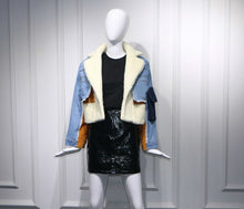Lade das Bild in den Galerie-Viewer, DEAT Winter Schaffell Pelz Revers Full-Sleeve Denim Letter Print Mantel