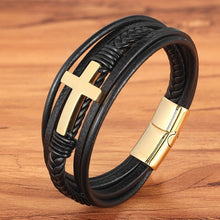 Lade das Bild in den Galerie-Viewer, Luxus mehrfarbiges Kreuz Design klassisches Edelstahl Herren Lederarmband