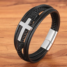 Lade das Bild in den Galerie-Viewer, Luxus mehrfarbiges Kreuz Design klassisches Edelstahl Herren Lederarmband